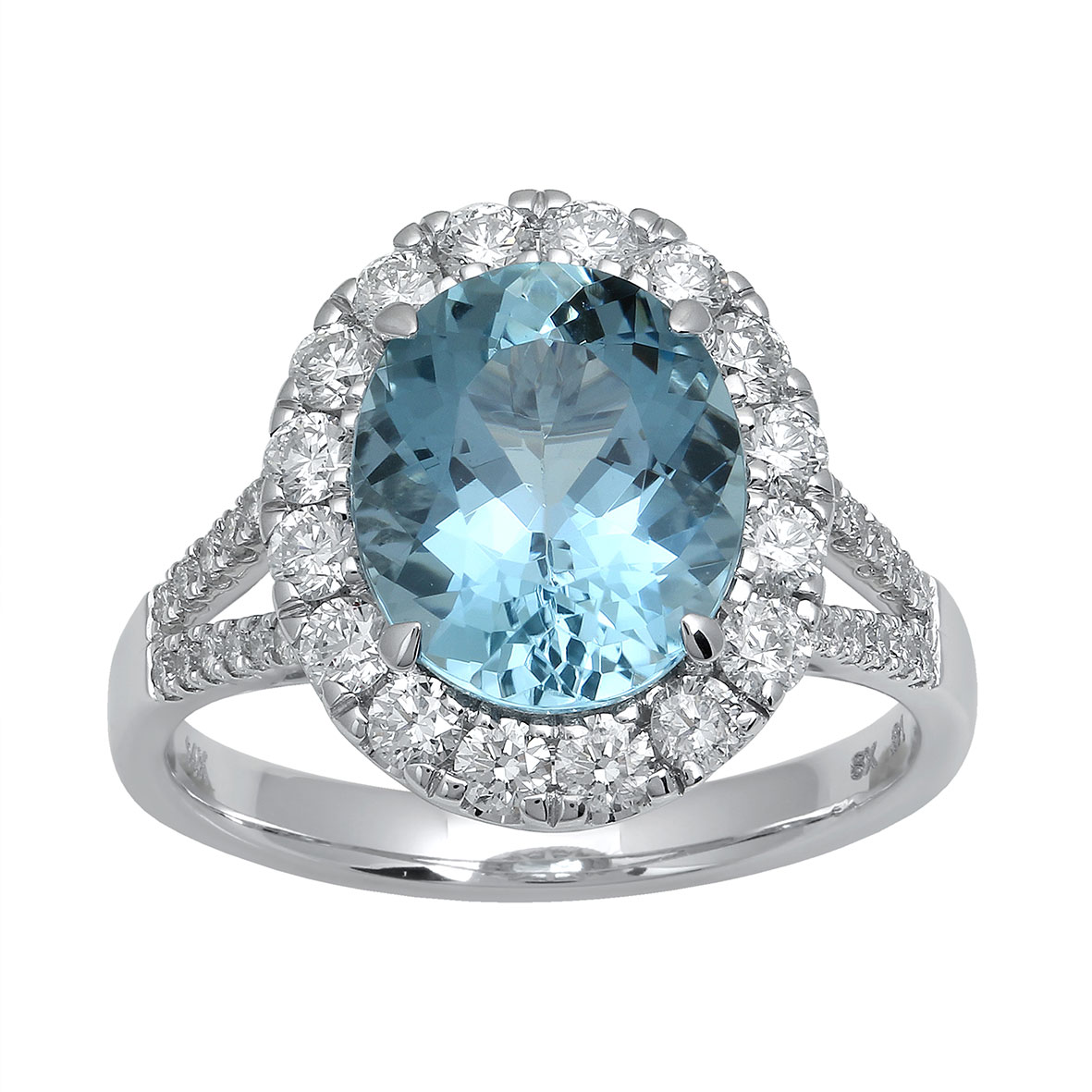 Aquamarine Ring with Split Shank and Diamond Halo