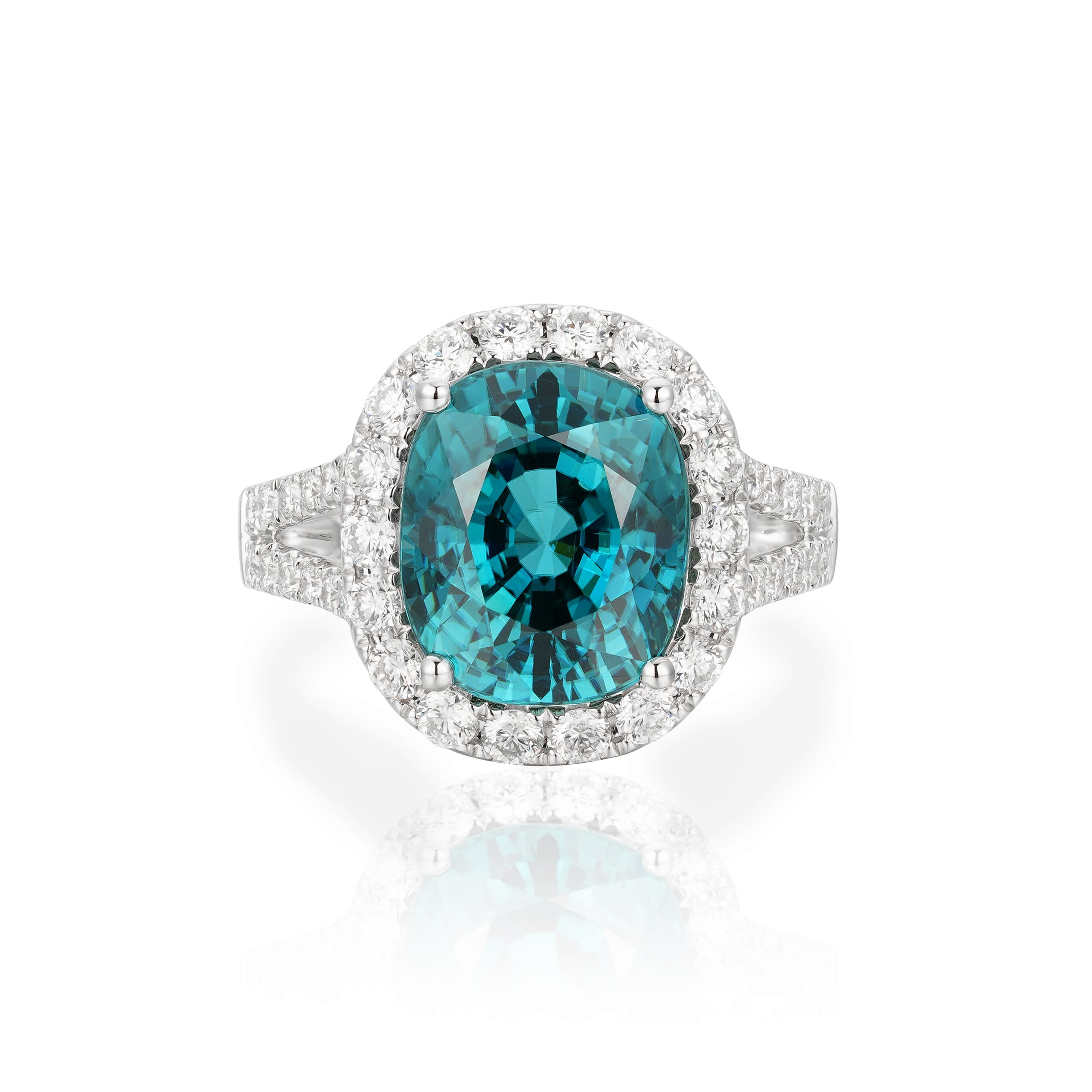 Blue Zircon Ring with Split Shank and Diamond Halo