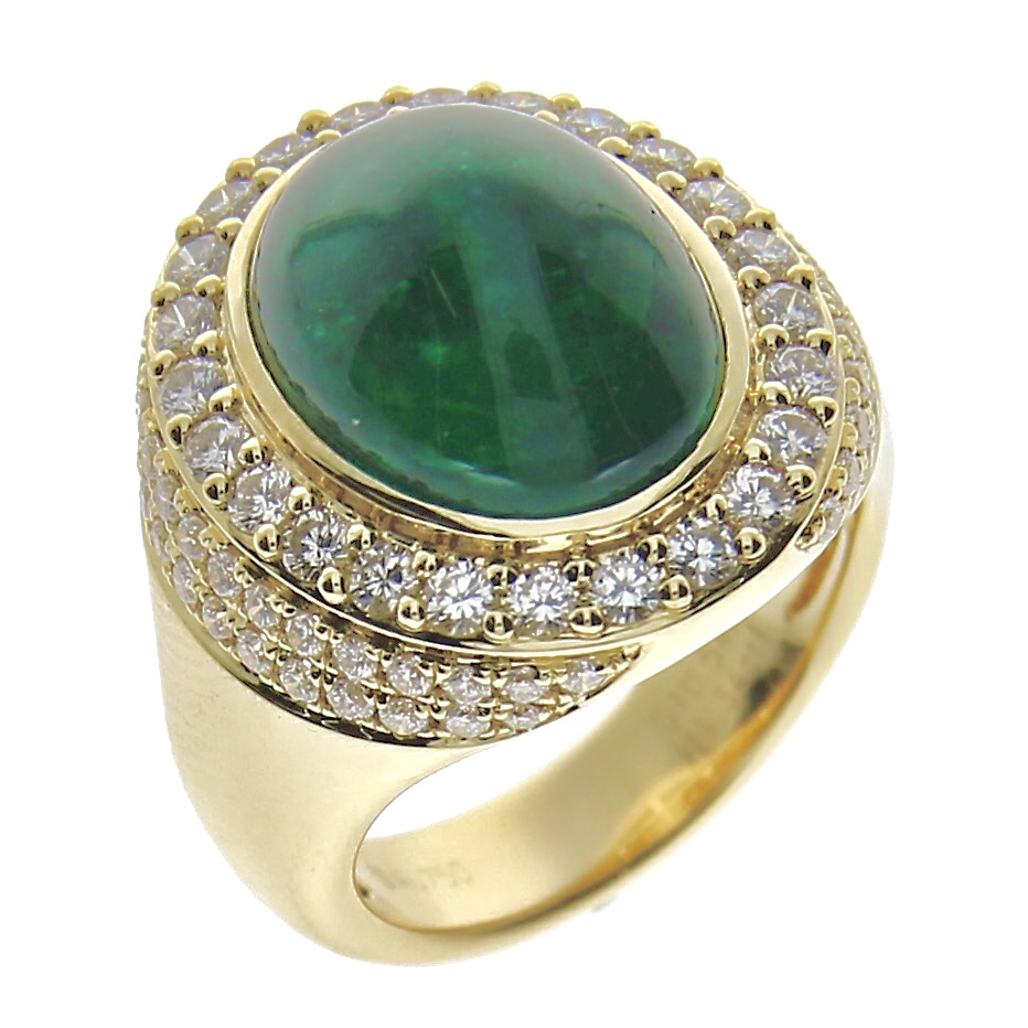 Cabochon Shaped Emerald and Diamond Ring