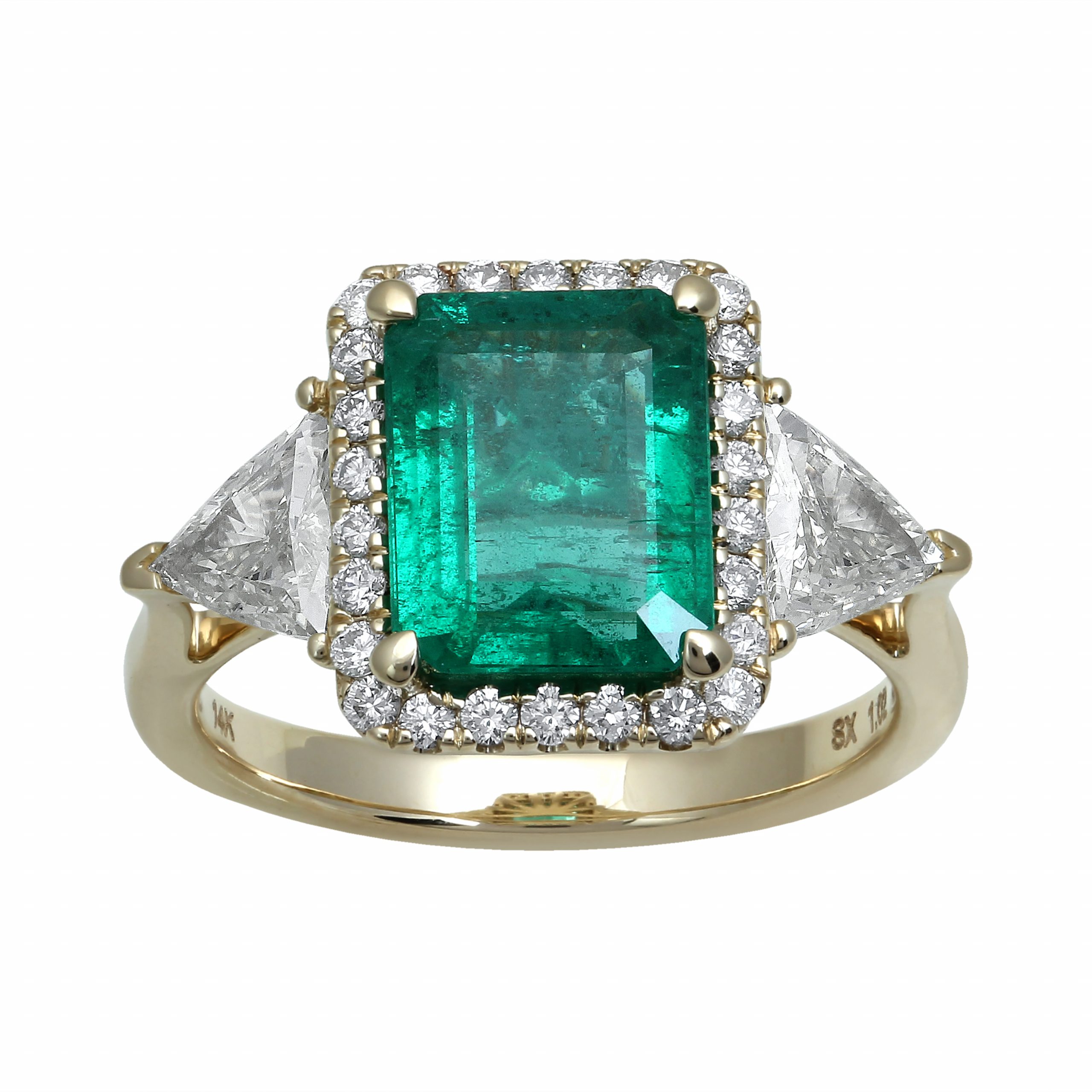 Emerald Ring with Diamond Halo and Trillions