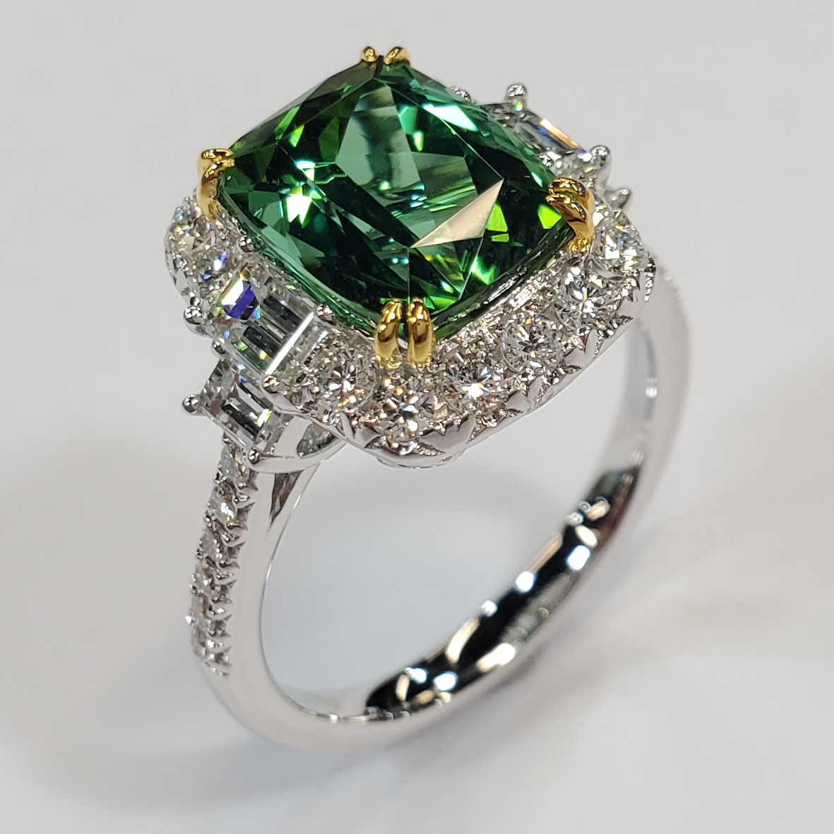 Green Tourmaline Ring with Diamond Halo