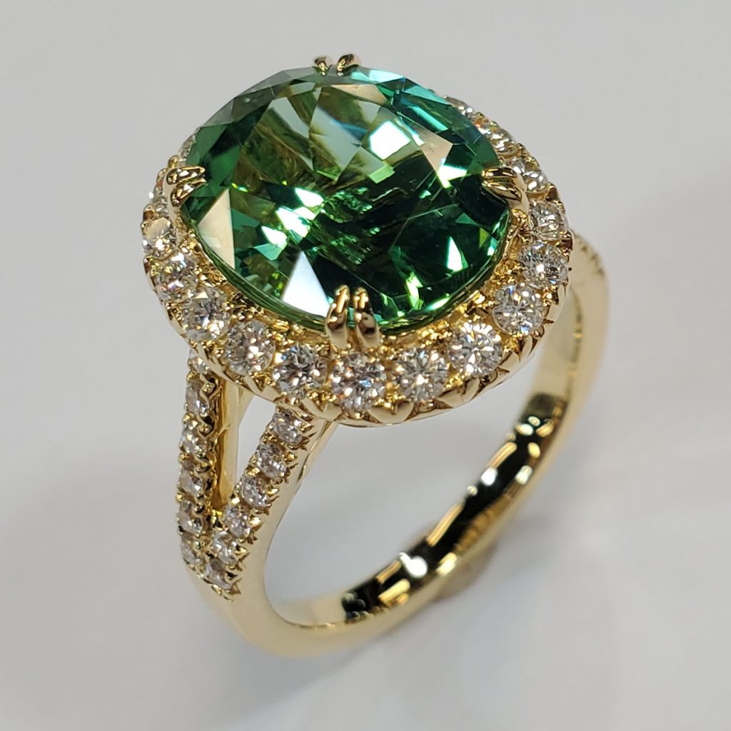 Green Tourmaline Ring with Split Shank and Diamond Halo Pan Gems Inc.