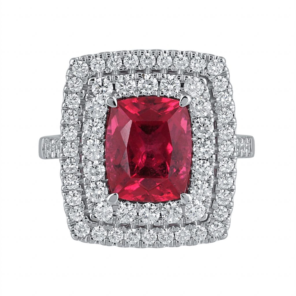 Rubellite Ring with Double Diamond Halo Pan Gems Inc.